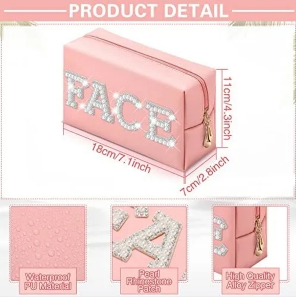 FACE SKIN Preppy Patch Makeup Bag pearl rhinestone Letter Cosmetic Pouch w/flaws - Picture 8 of 8